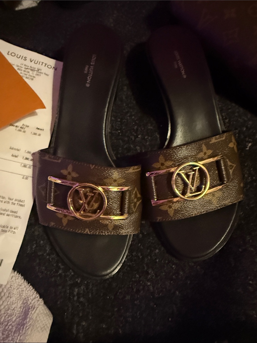 Louis Vuitton Brown Monogram Slide Mules with Gold LV Emblems